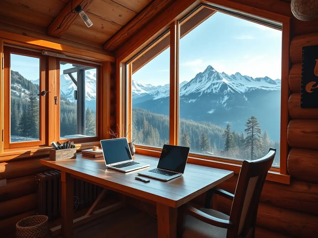 A cozy workspace setup in a picturesque mountain cabin.