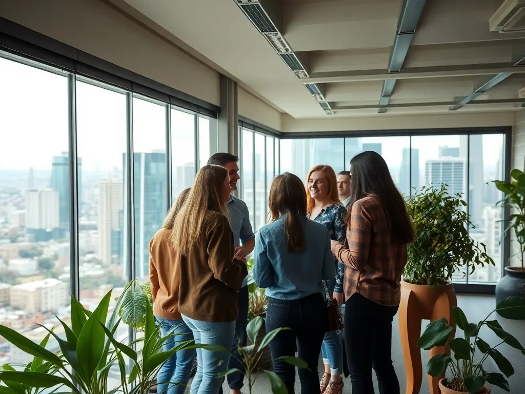 A vibrant team collaborating in a modern office space with a scenic view.