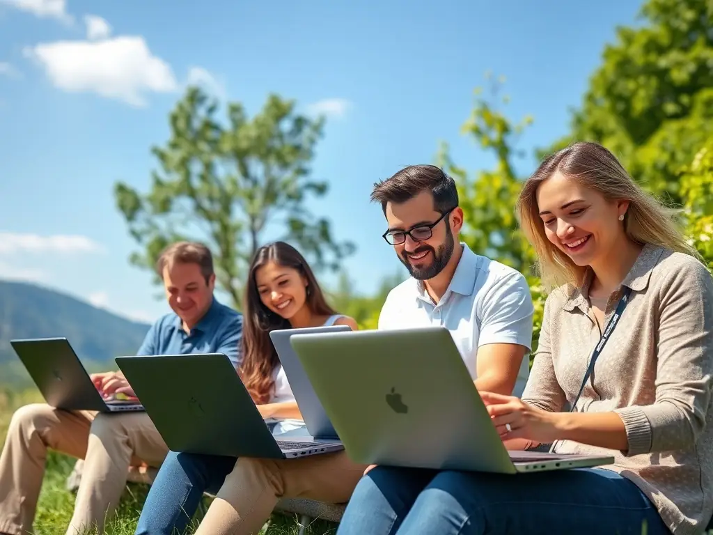 A group of professionals working on laptops in a scenic outdoor setting.