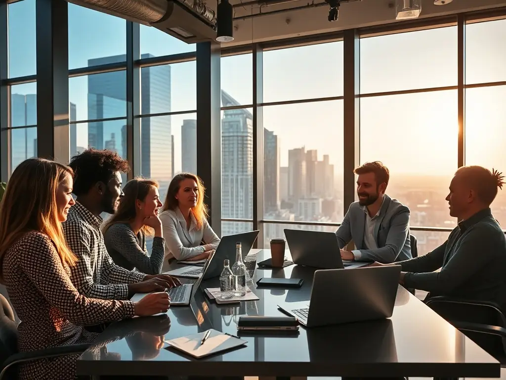 A diverse team collaborating in a modern co-working space with city views.