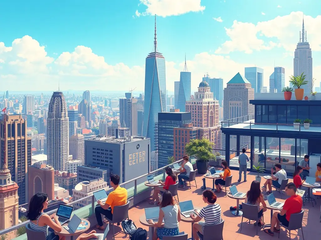 A bustling city skyline with a rooftop workspace, filled with people working and enjoying the view.