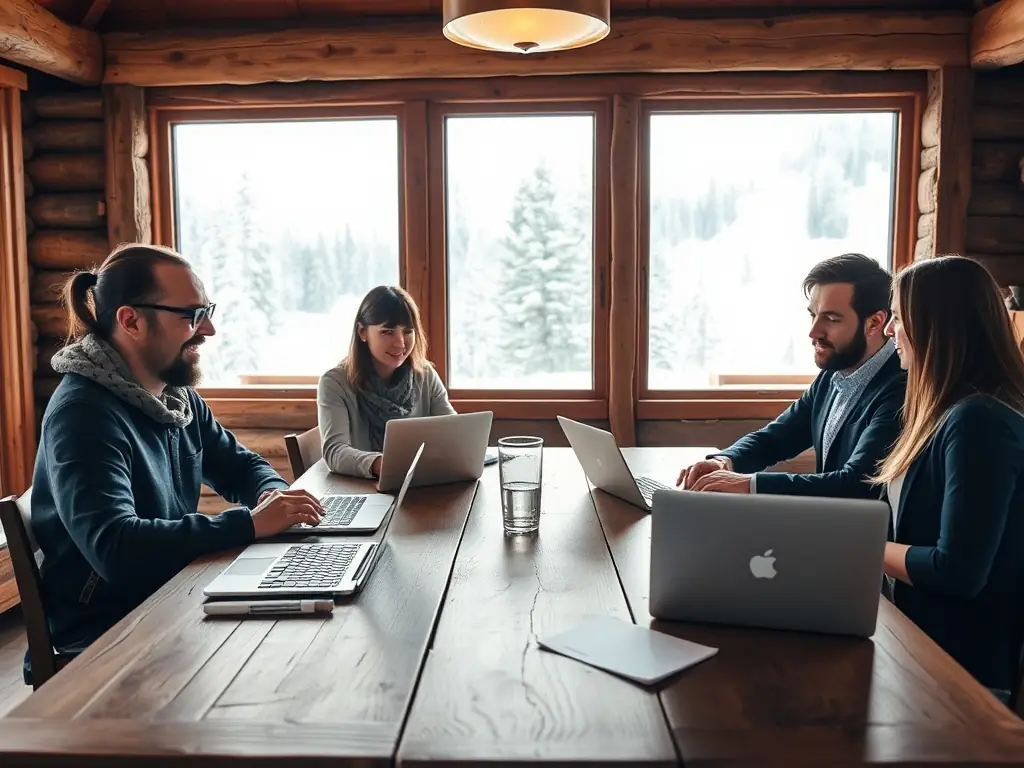 A team meeting in a cozy mountain cabin with a snowy landscape outside.