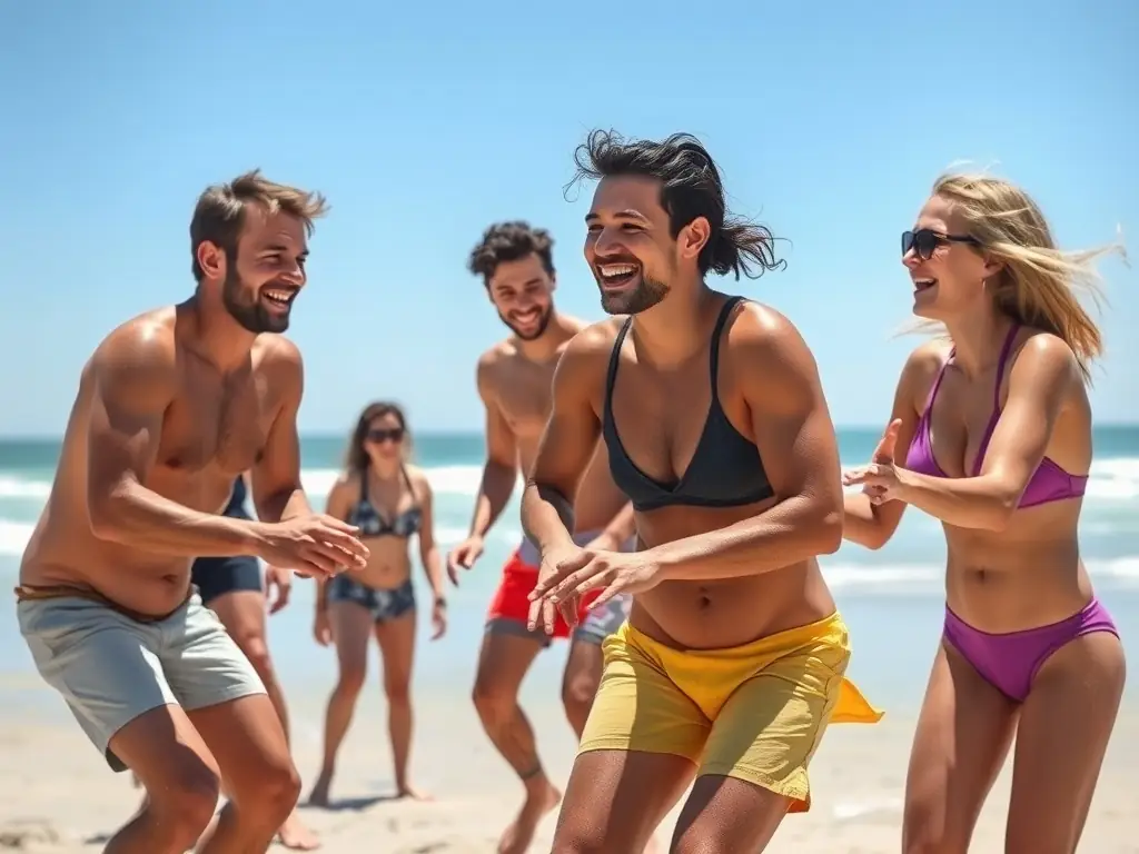 A team enjoying a team-building activity on a sunny beach.