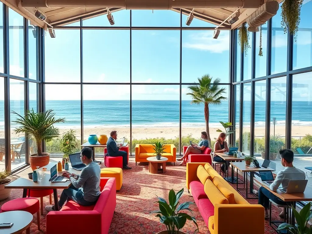 A modern coworking space with a view of the beach.